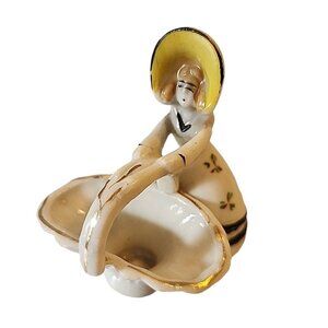 Porcelain Girl Figurine Bonnet Holding Basket Japan White Yellow Vintage
